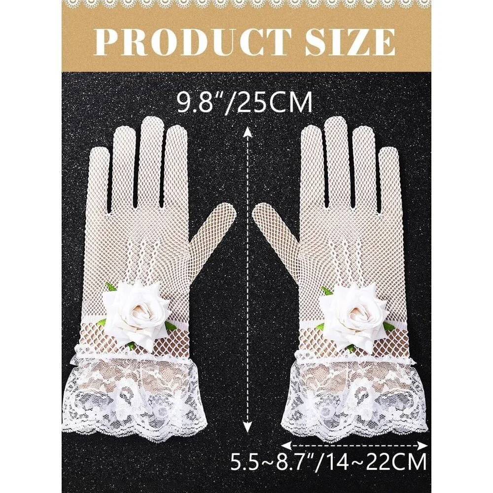 Women's White Mesh Flower Rose Lace Gloves Design Wedding Party Tea Prom
